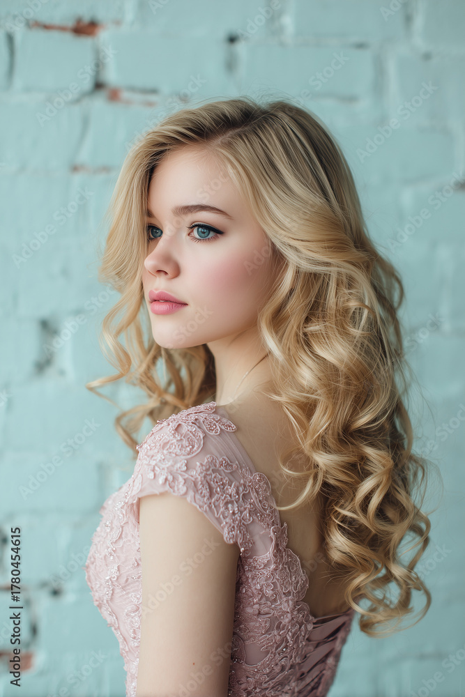 Fototapeta premium Portrait cutout studio shot of female elegant fashion model with blonde hair in pink dress standing posing on gray background
