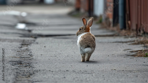 Fototapeta Naklejka Na Ścianę i Meble -  domestic rabbit walks down the street.