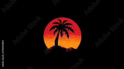 Sunset scene with palm tree silhouette over a warm horizon on a tropical beach during dusk