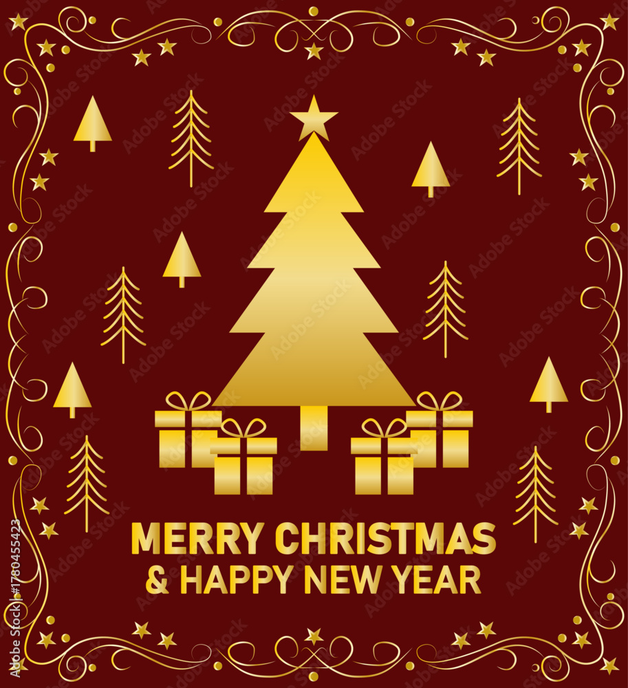 Obraz premium Felicitación de navidad y año nuevo roja con árbol de navidad dorada