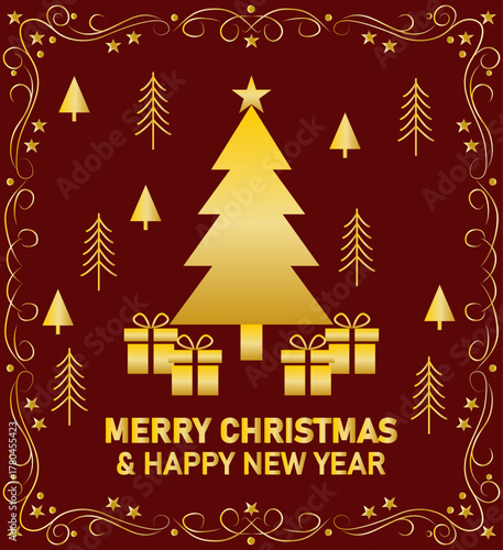 Felicitación de navidad y año nuevo roja con árbol de navidad dorada