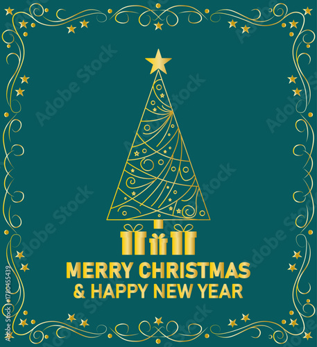 Felicitación verde dorada de feliz navidad y año nuevo con marco elegante