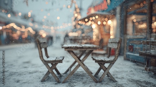 Fototapeta Naklejka Na Ścianę i Meble -  Rustic wooden table and chairs in snowy market
