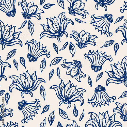 Blue Crayon Flowers and Plants Seamless Pattern. Hand Drawn Style Sketch Drawing Floral Wallpaper. Sketch Linear Drawing Flowers in Naive Style Pattern, Primitive Drawing. Vector illustration