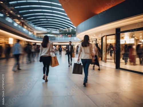 Blurred background of a modern shopping mall with some shoppers. Shoppers walking at shopping center