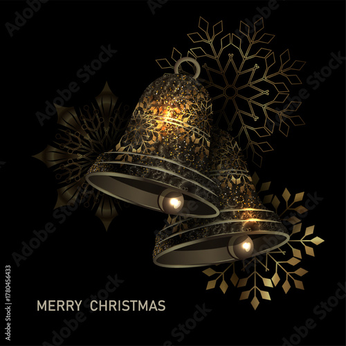 Merry Christmas. Isolated golden bells with exquisite snowflakes.