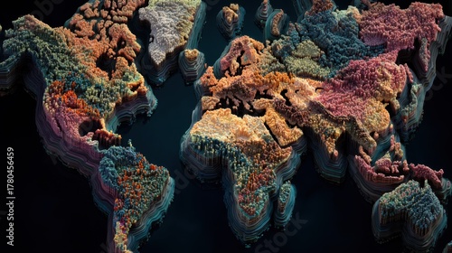 Colorful 3D rendering of a distorted world map showcasing geographical features and landmasses in vibrant hues and intricate details