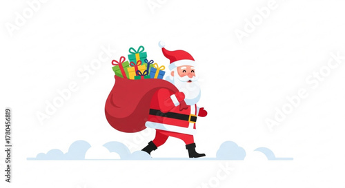 Santa Claus walking with a bag of gifts in winter scene  