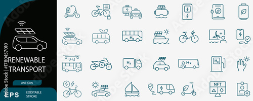 Renewable transport sustainable mobility outline icons set vector editable