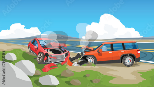Two car crashes head on into each other. Car spun out onto the side of the asphalt road. Fronts of both cars were severely damaged and the fronts were completely destroyed. Emergency safety bag.