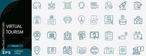 Virtual Tourism and Digital Travel Experience Technology Line Icon Set
