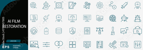 AI Film Restoration and Digital Archiving Technology Line Icon Set