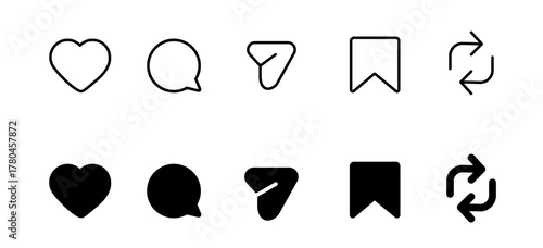 Like, Repost, comment share save vector icon set. Site navigation symbol. Social media web linear sign	