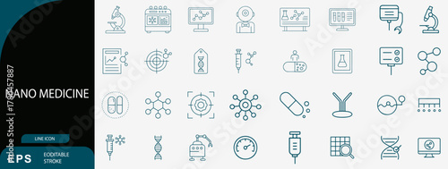 Nano Medicine and Modern Biotechnology Science Technology Line Icon Set
