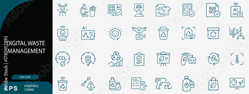 Digital Waste Management and Smart Recycling Technology Line Icon Set