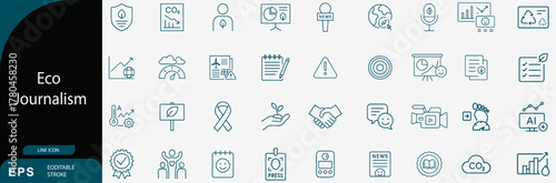 Eco Journalism and Environmental Reporting Media Communication Line Icon Set