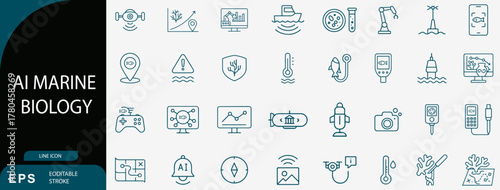 AI Marine Biology and Underwater Ocean Research Technology Line Icon Set