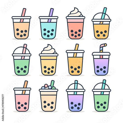 Flat design bubble tea illustrations. Diverse refreshing drinks with colorful toppings, straws, and tapioca pearls, ideal for sweet beverage menus