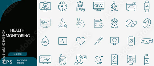 Digital Health Monitoring and AI Medical Fitness Technology Line Icon Set