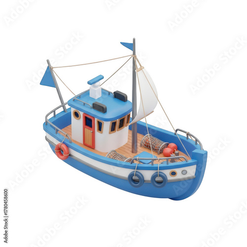 Cartoon Fishing Boat with Nets and Buoys on a Background image isolated on a transparent background