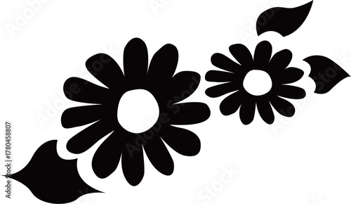 2つの満開の花と葉のシルエット白黒ベクターイラスト