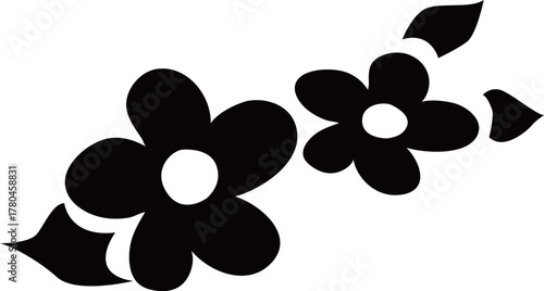 2つの満開の花と葉のシルエット白黒ベクターイラスト