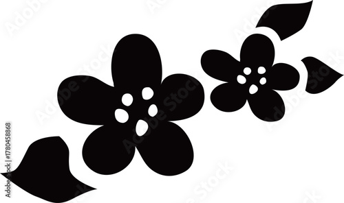 2つの満開の花と葉のシルエット白黒ベクターイラスト