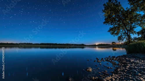 Fototapeta Naklejka Na Ścianę i Meble -  A serene night scene with a calm lake, a tree, and a starry sky, with a faint moonlight illuminating the water's surface.