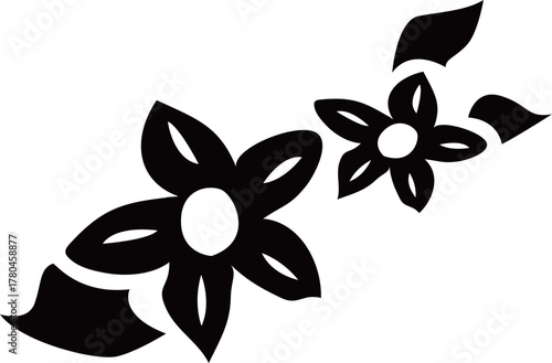 2つの満開の花と葉のシルエット白黒ベクターイラスト