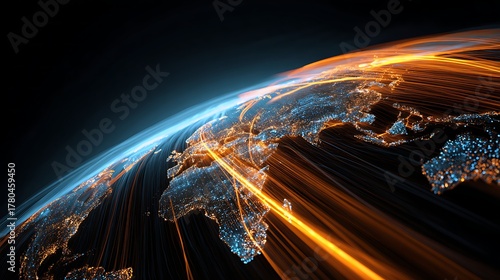 The light lines connecting continents represent borderless money transfers and information.