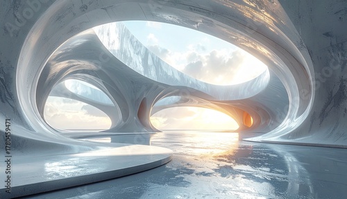 3d render of abstract curve structure futuristic architecture with empty concrete 