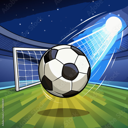 Soccer ball soaring towards the net under stadium lights