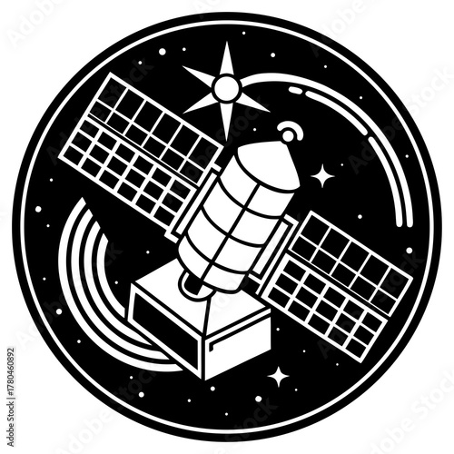 Satellite in orbit with starry background and orbital rings