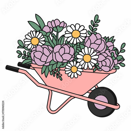 Pink Wheelbarrow with Colorful Flowers
