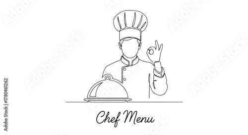 One line drawing of chef showing ok sign with serving tray single continuous line vector design for menu