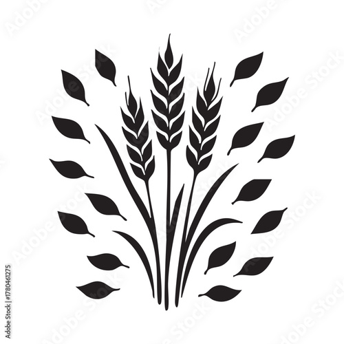 Black Silhouette of Wheat Stalks with Scattered Leaves in Ornamental Style Depicts Harvest Abundance and Timeless Agricultural Symbolism