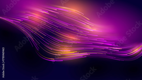 Glowing Lines and Dots Flow on Dark Background. Vibrant Neon Purple and Orange Light Trails Optic Fiber Fast Speed Internet Abstract Optic Fiber Concept. 5G Tech Data Flow Stream. Science Vector.