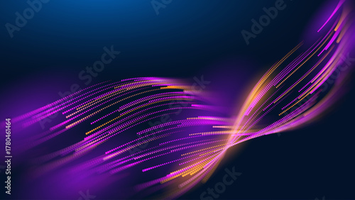 Glowing Lines and Dots Flow on Dark Background. Vibrant Neon Purple and Orange Light Trails Optic Fiber Fast Speed Internet Abstract Optic Fiber Concept. 5G Tech Data Flow Stream. Science Vector.