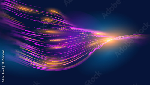 Glowing Lines and Dots Flow on Dark Background. Vibrant Neon Purple and Orange Light Trails Optic Fiber Fast Speed Internet Abstract Optic Fiber Concept. 5G Tech Data Flow Stream. Science Vector.