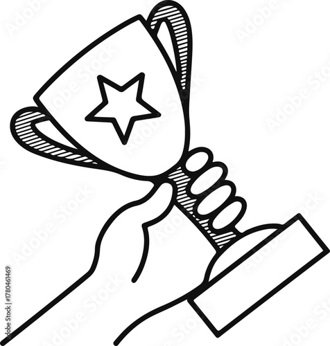 Hand drawn trophy with star held by hand award winner