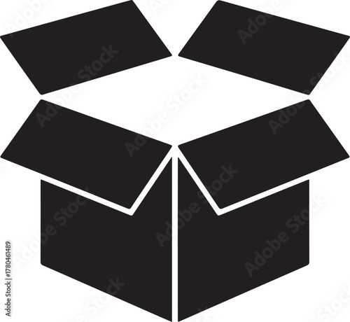 Black open cardboard box vector icon representing packaging shipping and delivery for online retail and logistics.