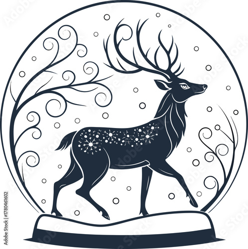 Majestic stag silhouette within a circular scene symbolizing winter's enchantment isolated on transparent background