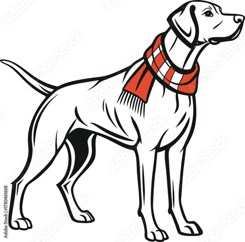 Dark silhouette of a dog wearing a bright orange safety vest for outdoor adventures isolated on transparent background
