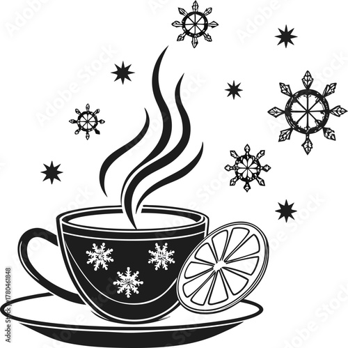 Charming coffee cup with steam and snowflakes for cozy winter moments isolated on transparent background