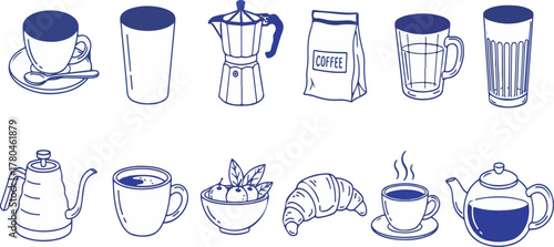 Hand Drawn Coffee Tea and Breakfast Icon Set Vector isolated on white background