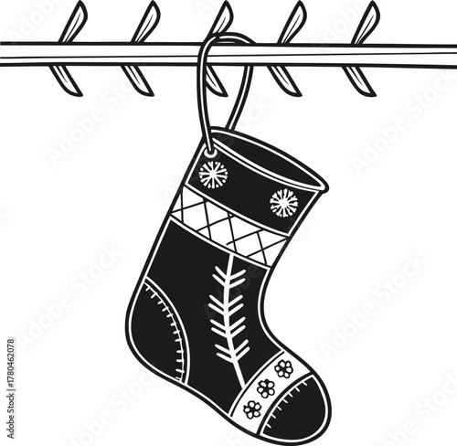 Festive christmas stocking hung on clothesline decorated with light bulbs festive holiday celebration isolated on transparent background