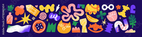 Doodle shapes set. Abstract colourful figures, elements, lines and curves. Different creative scribbles, textured geometric forms and comic cartoon characters. Flat isolated vector illustrations