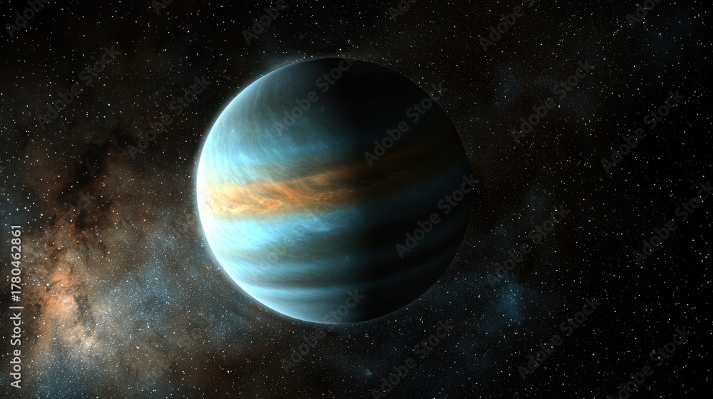 Obraz premium A large, round, dark blue planet with a glowing, orange and blue atmosphere, surrounded by a star field in space.