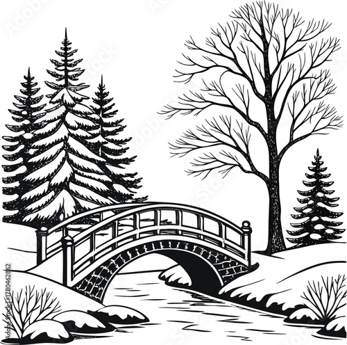 Wallpaper Mural Enchanting winter landscape with snow covered pine trees and a bridge on a dark night isolated on transparent background Torontodigital.ca