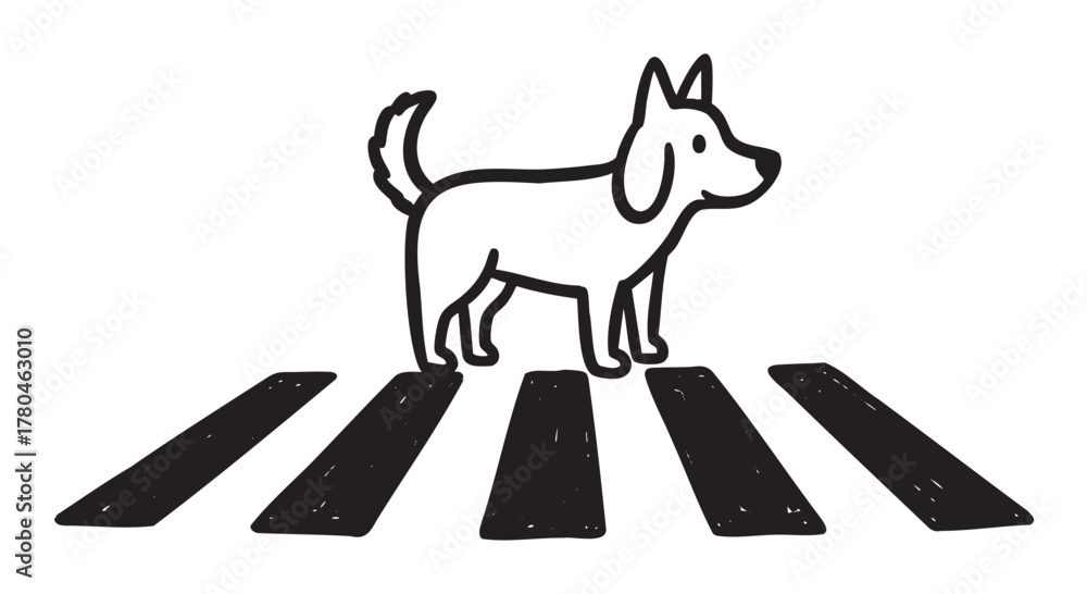 Naklejka premium Black outlined cartoon dog standing on a stylized zebra crossing with thick white stripes, symbolizing pedestrian safety concepts.
